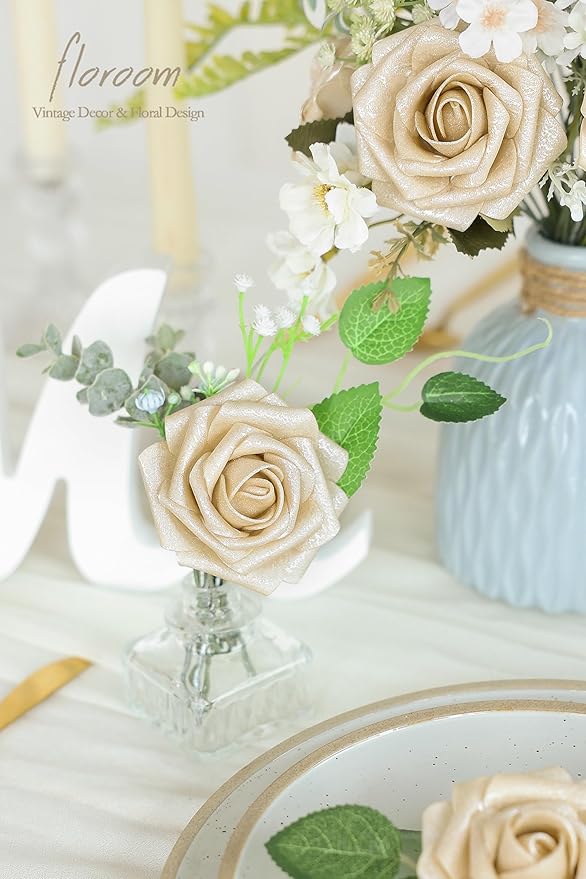 Floroom Artificial Flowers 25pcs Real Looking Champagne Gold Foam Fake Roses with Stems for DIY Wedding Bouquets Bridal Shower Centerpieces Floral Arrangements Party Tables Home Decorations