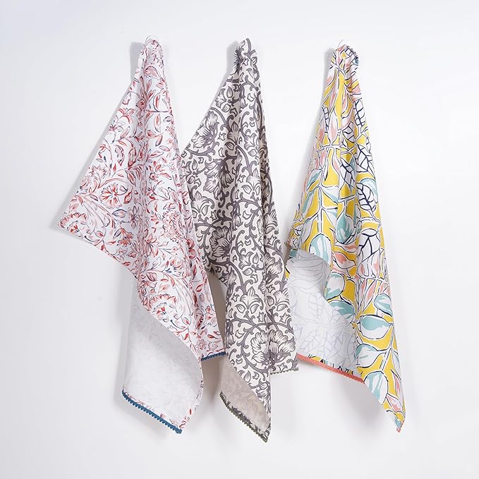 TARAN LIVING Printed Kitchen Dish Bar and Tea Towels Cotton, 18x28 inch with Trims, Cotton Dish Towel Sets (Multicolor, Set of 3)