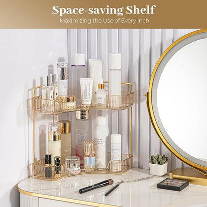 Aveniee Corner Bathroom Counter Organizer, Bathroom Countertop Shelf Makeup Organizer for Vanity Perfume Corner Storage (2 Tiers, Gold)