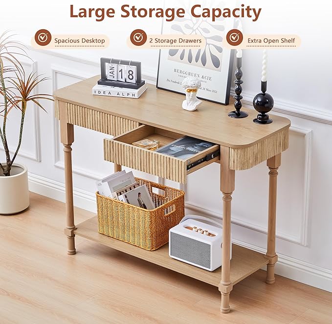 43.3'' Fluted Console Table for Entryway, Narrow Entryway Tables with 2 Wooden Drawers, Retro Sofa Table Behind Couch Accent Tables for Foyer, Living Room, Hallway (Natural)