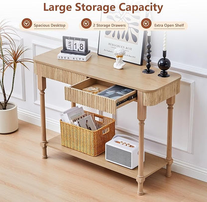 43.3'' Fluted Console Table for Entryway, Narrow Entryway Tables with 2 Wooden Drawers, Retro Sofa Table Behind Couch Accent Tables for Foyer, Living Room, Hallway (Natural)