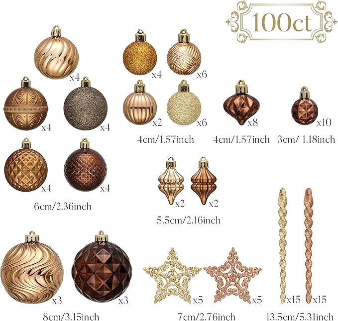 Valery Madelyn 100ct Christmas Tree Decorations Ball Ornament Set, Bronze Copper Brown Gold Shatterproof Hanging Ornaments Bulk for Fall Thanksgiving Autumn Harvest Xmas Holiday Party Decor