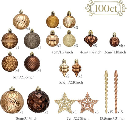 Valery Madelyn 100ct Christmas Tree Decorations Ball Ornament Set, Bronze Copper Brown Gold Shatterproof Hanging Ornaments Bulk for Fall Thanksgiving Autumn Harvest Xmas Holiday Party Decor