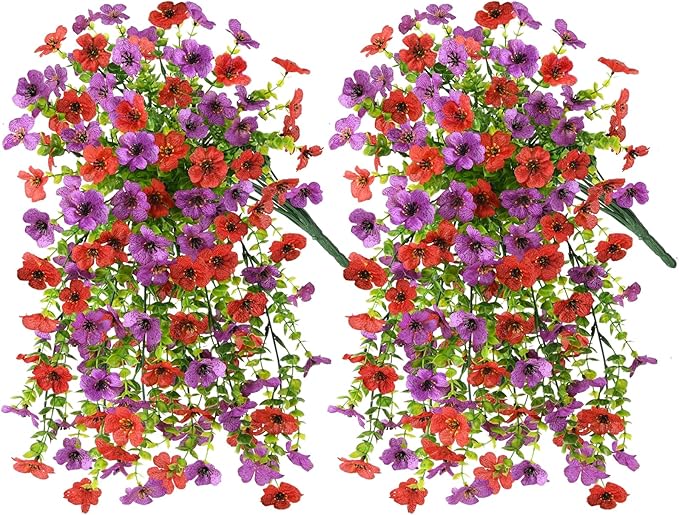INQCMY 2Pcs Artificial Flowers for Outdoors UV Resistant Artificial Plants Easy Assembly for Spring Decor Look Real Faux Hanging Flowers for Outside Home Planter Porch Patio Decor
