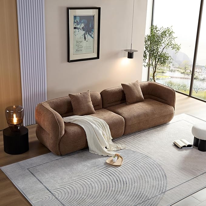 110" Modern Couch Curved Sofa for Living Room, Luxury Curved Sectional Sofas, Upholstered Boucle 3-Seater Loveseat, Minimalist Couches for Office Apartment, Camel