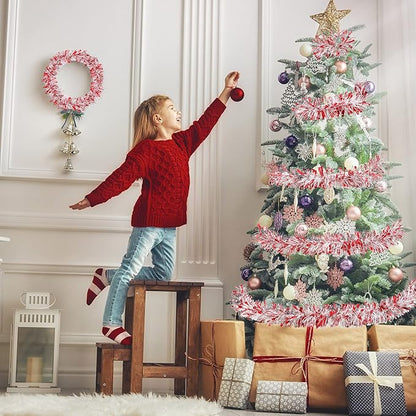 50 Feet Christmas Tinsel Garland Metallic Twist Garland Xmas Tree Decorations Wedding Birthday New Year Hanging Ornaments Party Supplies 3 Inch(Red, Silver, White)