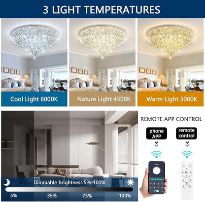 Modern Crystal Chandeliers for Dining Room LED Light Fixture Close to Ceiling Chandelier Flush Mount Ceiling Light Dimmable Lamp with Remote for Living Room Bedroom Hallway 2700K 6000K