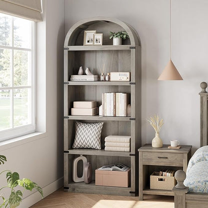 GarveeHome Bookcase 5 Shelf Arched Bookshelf 71.65 in Tall Bookcase Farmhouse Display Storage Rack Wooden Bookshelves for Home Office, Living Room (Rustic Gray)