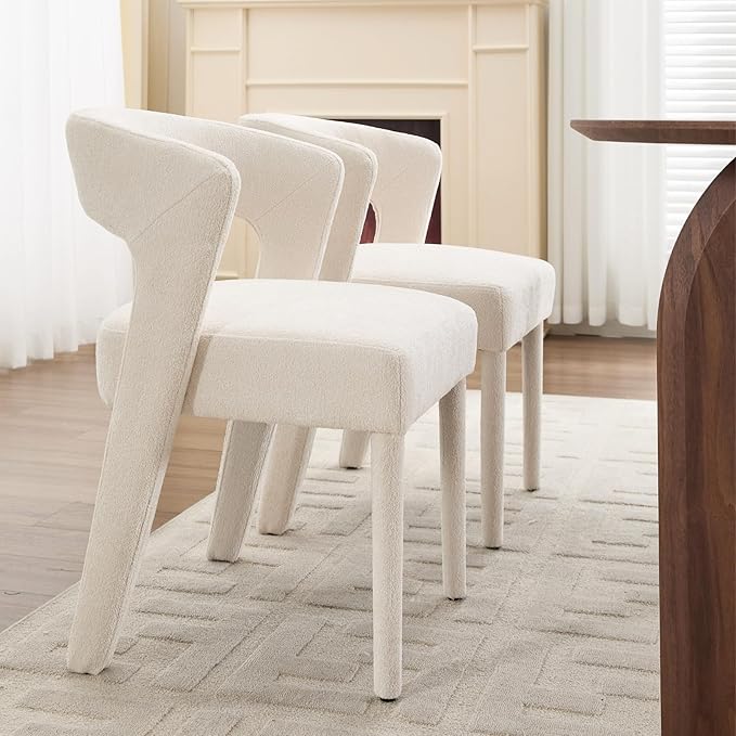 DUOMAY Modern Dining Chairs Set of 2, Chenille Fabric Upholstered Kitchen Chair with Curved Open Back Accent Side Chairs Dining Room Chairs with Wood Legs, White