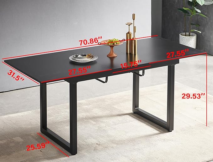 55''- 71'' Extendable Dining Room Table, Expandable Dining Table with Metal Leg, Modern Mid Century Large Table, for 2-6 Person, Black