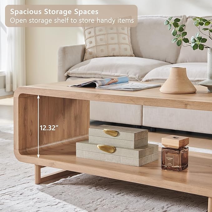 48" Modern Coffee Table, 2-Tier Minimalist Center Table with Storage Shelf, Curved Profile Design, Wooden Rectangular Living Room Table w/Wood Thick Design for Living Room, Office, Natural Oak