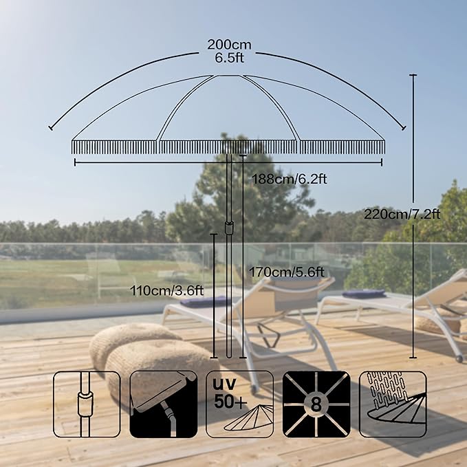 6.5ft Patio Umbrella with Fringe, Beach Umbrella, Fringe Umbrella Outdoor Patio with Hanging Hook, Tilting Aluminum Pole, UV 50+, Fiberglass Ribs, Elegant Cream