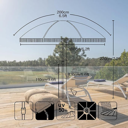 6.5ft Patio Umbrella with Fringe, Beach Umbrella, Fringe Umbrella Outdoor Patio with Hanging Hook, Tilting Aluminum Pole, UV 50+, Fiberglass Ribs, Elegant Cream