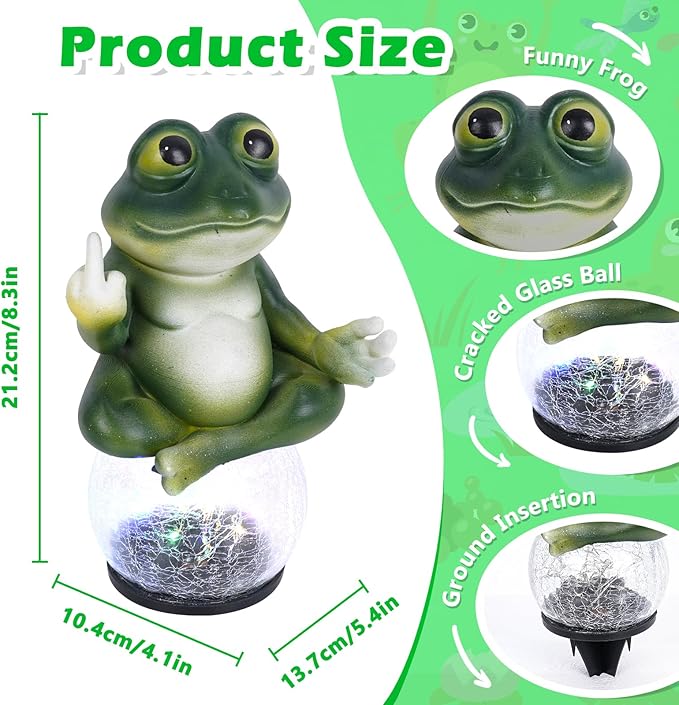 Meditating Frog Solar Garden Statue with Crackle Glass LED Light - Humorous Zen Yoga Animal Decor - Funny Gag Gifts for Patio Lawn and Pool Area - Christmas House Warming Gifts New Home