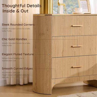 Fluted 3 Drawers Nightstand with Charging Station,31.7" W Bedside Table with Curved Profile Design,End Table Storage with USB Ports for Bedroom,Living Room,Gold Metal Handle,Natural Oak