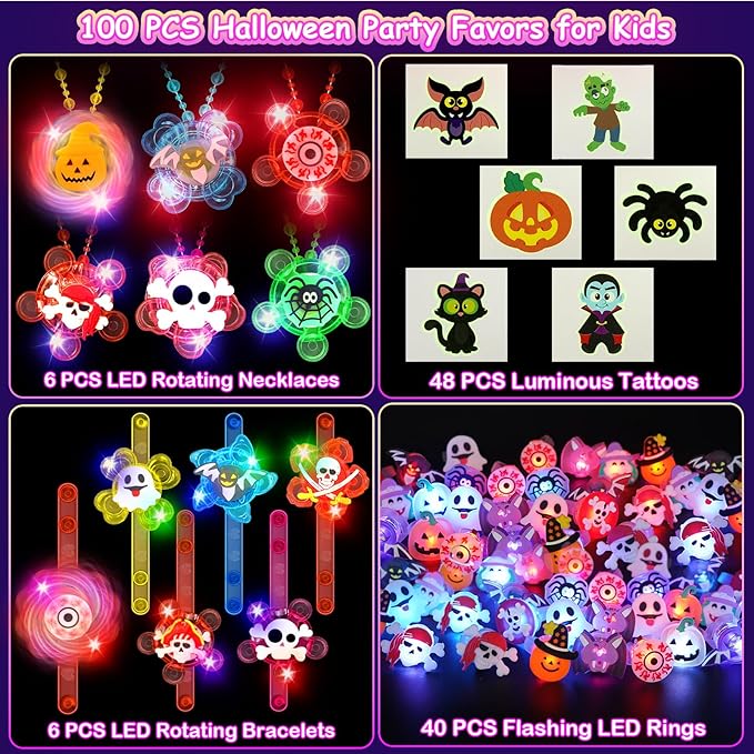 Halloween Party Favors for Kids, 100 Pack Glow in the Dark Toys Halloween Toys Bulk for Halloween Party School Classroom Prizes Goodie Bags Trick or Treats Gifts