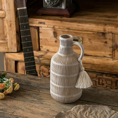 Farmhouse Vase with Handle and Tassel, Grey Yellow Vertical Stripes Design Clay Vase 10'' Tall - Ceramic Flower Vase for Rustic Home Decor, for Fireplace Kitchen Living Room Centerpieces