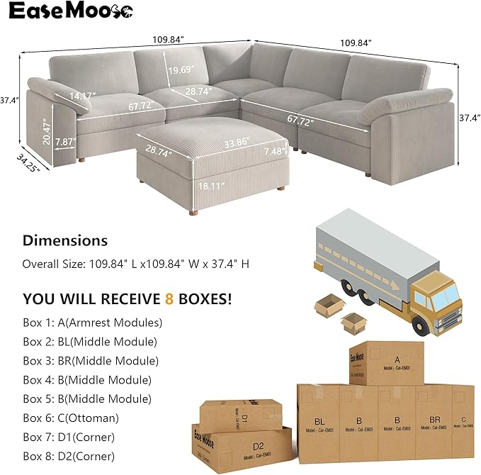 EASE MOOSE Oversized Sectional Modular Sofa,L Shape Sectional Couch with Ottoman,Deep Seat Cloud Couch for Living Room，Removable Cover