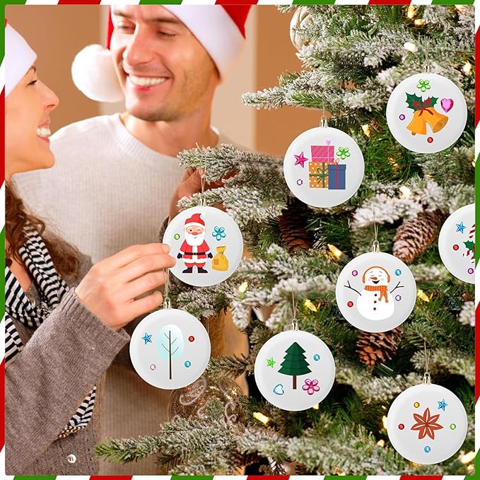 Syhood 36 Pcs 4'' DIY Christmas Blank White Ball Ornaments Set Plastic Matte Flat Discs Ornaments DIY Xmas Tree Decoration with Acrylic Paint Markers Gems Stickers for Crafts Party Decor