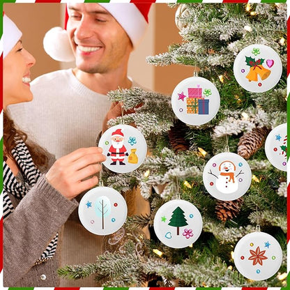 Syhood 24 Pcs 4'' DIY Christmas Blank White Ball Ornaments Set Plastic Matte Flat Discs Ornaments DIY Xmas Tree Decoration with Acrylic Paint Markers Gems Stickers for Crafts Party Decor