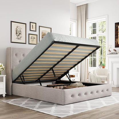 Allewie Queen Size Lift Up Storage Bed, Button Tufted Headboard with Wingback, Hydraulic Support, No Box Spring Needed, Light Beige