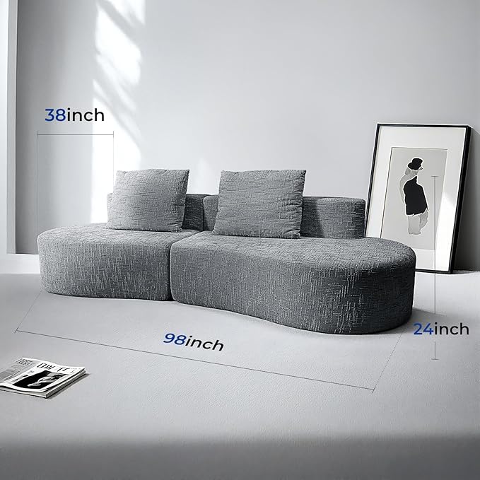 98" Curved Couch with Half Moon Design, Sofa Bed with 2 Throw Pillows & 4 Seaters for Living Room, Office & Apartment,No Assembly Needed(Dark Grey)