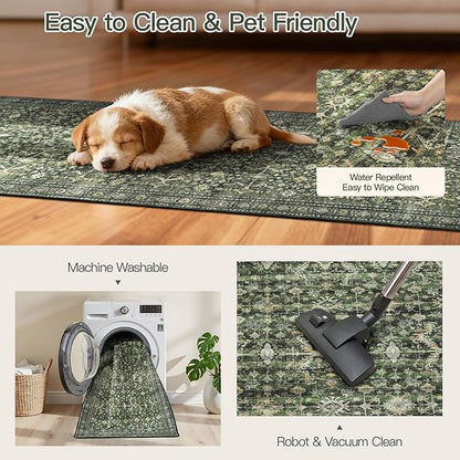Lofus 2X 6 Runner Rug for Hallways,Green Washable Runner Rugs with Non Slip Rubber Backing, Low Pile Soft Carpet Runner for Kitchen Bathroom Bedroom Laundry
