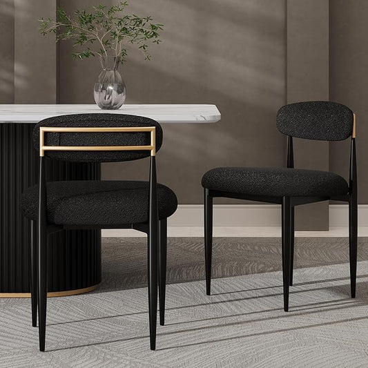 Morden Fort Black Dining Chairs Set of 2, Boucle Chairs with Curved Backrest and Straight Metal Legs for Dining Room, Kitchen, Living Room, Apartment