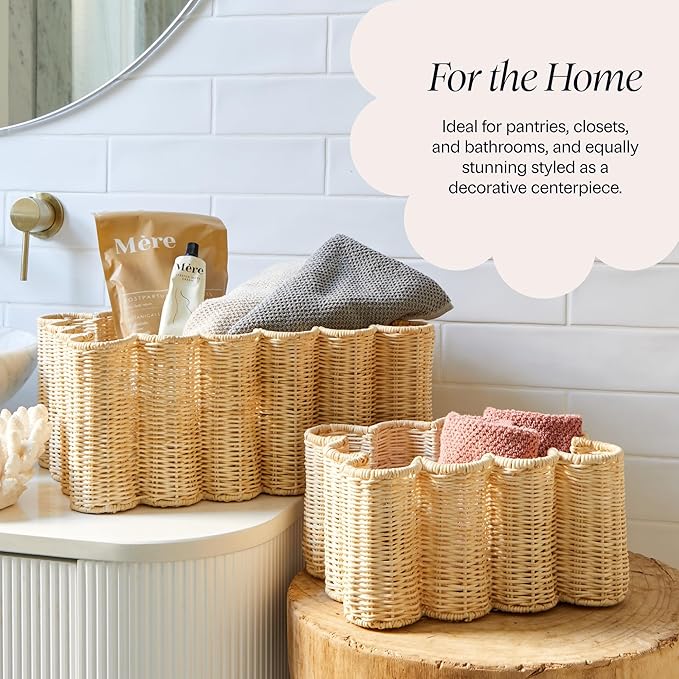 BEBE BASK Unique Wavy Scalloped Basket Set Of 2 - Scallop Basket - 16 x 10 x 7 In - Hand-Woven Elegant Wicker With Scalloped Edge Lid - Nursery Storage - (Earthy)