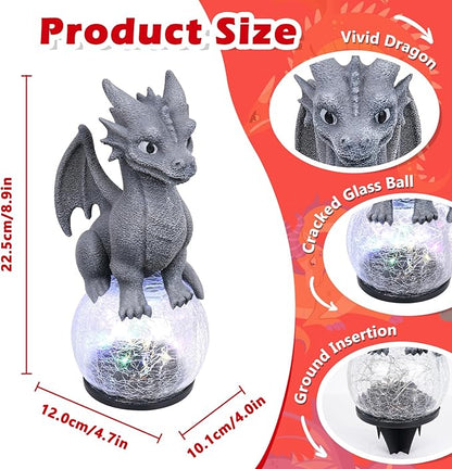 Baby Dragon Solar Garden Statue with Crackle Glass Globe Light - Whimsical Outdoor Fantasy Decor - Colorful LED Yard Ornament - Birthday for Dragon Lovers Kids Mom Grandma