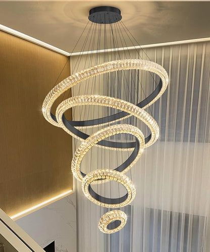 5 Ring Large Crystal Chandelier Modern LED Dimmable High Ceiling Chandelier Ring Contemporary Pendant Light Fixture for Living Room Foyer Staircase Gold D40''