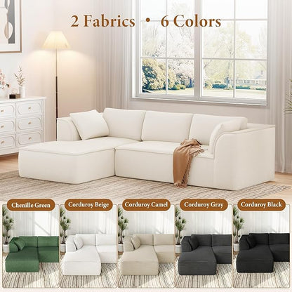 Vesgantti 106" Cloud Couch Sectional Modular Sofa, Deep Seat Comfy Cloud Couch Chenille Sofa Modular Couches for Living Room Bedroom, No Assembly Required (Beige, Left-Facing Chaise)