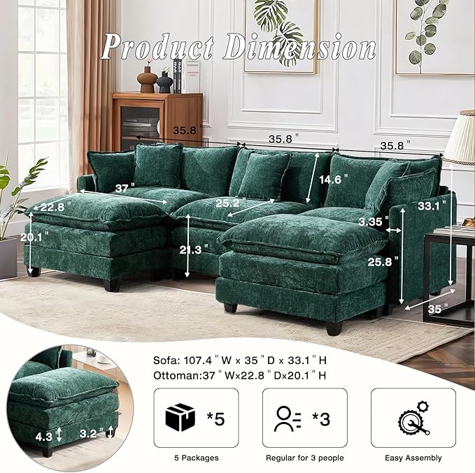 SoarFlash 107.4" Chenille Sectional Sofa, Comfy U Shaped Modular Coush Sofa with Ottoman, Modern 4 Seat Couch Deep Seat Sofa Set for Living Room,Green