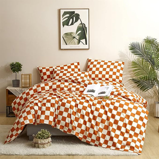 CLOTHKNOW Rust Beige Plaid Queen Comforter Set 3Pcs Grid Bedding Comforter Sets Soft Checker Queen Comforter Burnt Orange Queen Size Comforter Sets