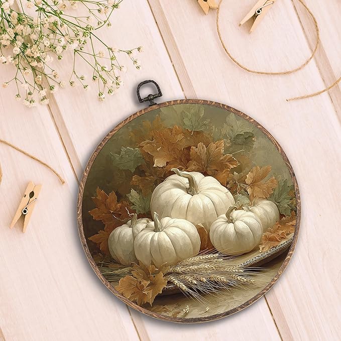 Hxlac Vintage Fall Pumpkin Maple Leaves Round Wall Art Framed, Vintage Autumn Pumpkin Round Wall Decor, Fall Halloween Hanging Canvas Prints Wall Sculptures for Farmhouse Home Decor, 10x10 Inch