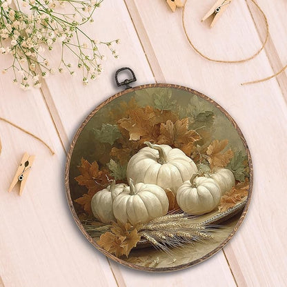 Hxlac Vintage Fall Pumpkin Maple Leaves Round Wall Art Framed, Vintage Autumn Pumpkin Round Wall Decor, Fall Halloween Hanging Canvas Prints Wall Sculptures for Farmhouse Home Decor, 10x10 Inch