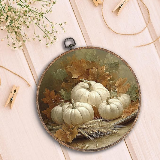 Hxlac Vintage Fall Pumpkin Maple Leaves Round Wall Art Framed, Vintage Autumn Pumpkin Round Wall Decor, Fall Halloween Hanging Canvas Prints Wall Sculptures for Farmhouse Home Decor, 10x10 Inch
