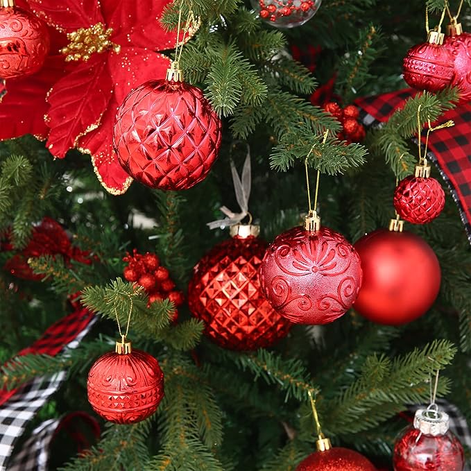 Red Christmas Ball Ornaments Christmas Tree Decorations 36pcs Shatterproof Christmas Ornaments Set with 6 Styles in 3 Sizes(Small Medium Large)