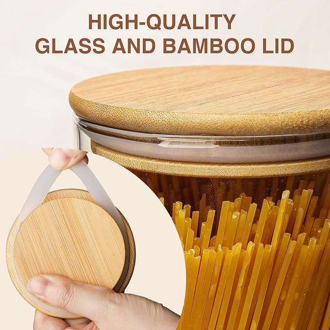 73oz Glass Pasta Storage Jars, Tall Glass Jars with Bamboo Lids, Spaghetti Container, Set of 3, Kitchen Storage Containers for Pasta, Pantry Organizers