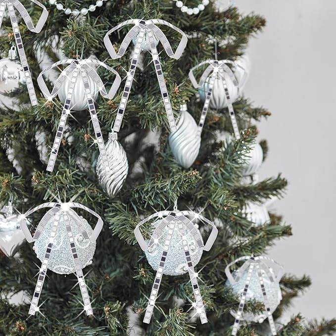 24 Pcs 5 Inch Disco Christmas Bow Ornament Disco Bulk Silver Mirror Ribbon Sequin Glitter Bow Decorations for Christmas Tree Xmas Holiday Wreath Fireplace Garland Party Favor Home