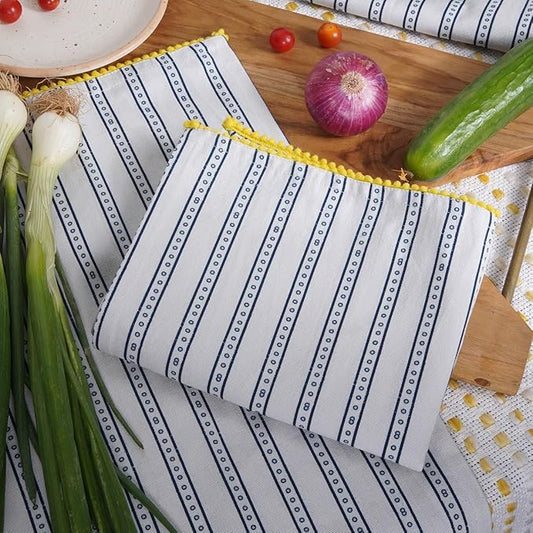 TARAN LIVING Printed Kitchen Dish Bar and Tea Towels Cotton, 18x28 inch with Trims, Cotton Dish Towel Sets (Blue Stripes, Set of 6)