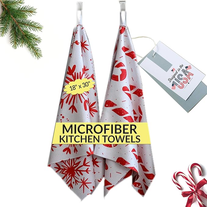 Christmas Dish Towels Holiday Kitchen Towels Tea Towels Decorative Red Snowflake Set