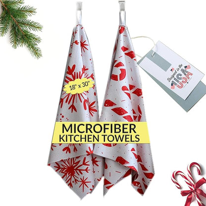 Christmas Dish Towels Holiday Kitchen Towels Tea Towels Decorative Red Snowflake Set