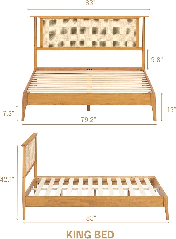NTC Ruby Wooden Bed Frame with Headboard and Natural Rattan, Solid Oak/Rubber Wood Foundation with Silent Slats, 1000 Lb Capacity, Effortless Assembly (Natural Cane - Rustic Oak, King)