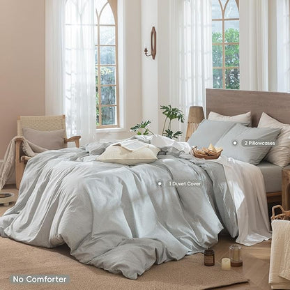 MooMee Striped Duvet Cover Set 100% Washed Cotton Linen Like Textured Breathable Durable Soft Comfy (Heathered Green Pinstripes, Full 80"x90")