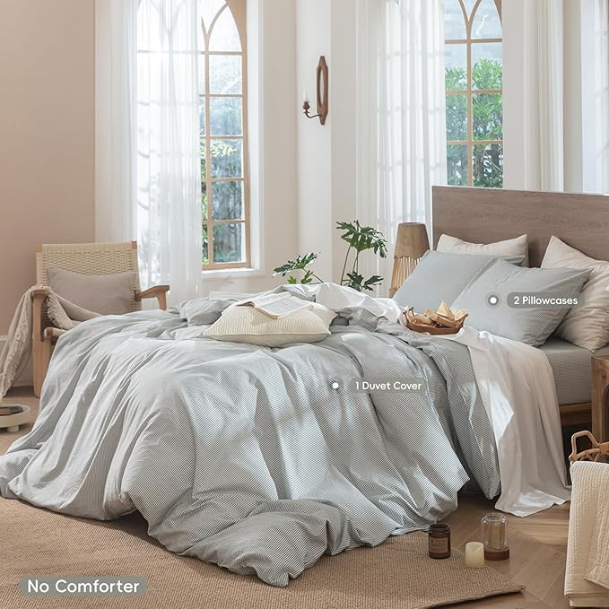 MooMee Striped Duvet Cover Set 100% Washed Cotton Linen Like Textured Breathable Durable Soft Comfy (Heathered Green Pinstripes, Super Queen 90"x98")