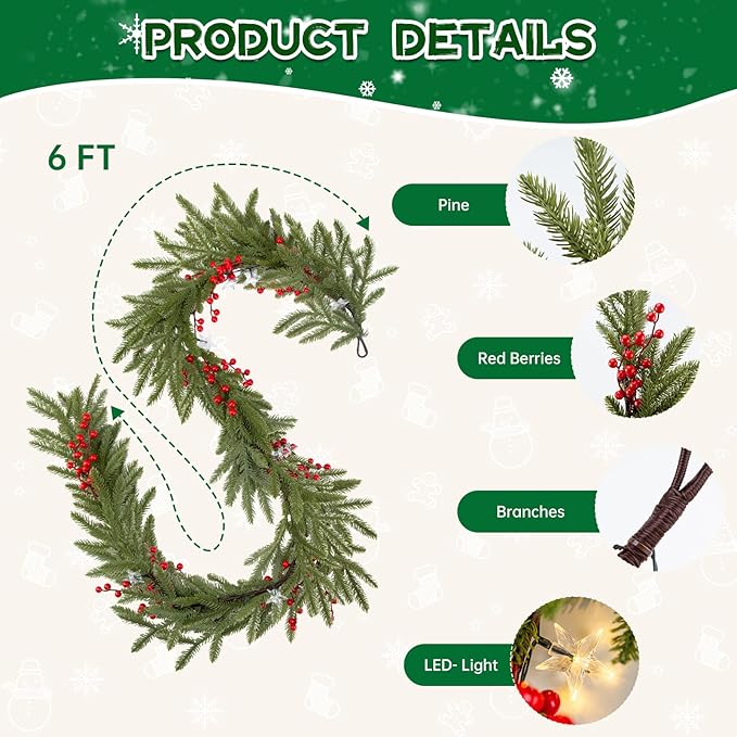 Bluesea 6FT Artificial Norfolk Pine Garland - Faux Christmas Garland, Fake Greenery Garland for Table, Mantle, Wall, Indoor, Outdoor Christmas Decorations (1 Pcs)