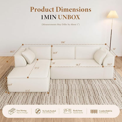 Vesgantti 106" Cloud Couch Sectional Modular Sofa, Deep Seat Comfy Cloud Couch Chenille Sofa Modular Couches for Living Room Bedroom, No Assembly Required (Beige, Left-Facing Chaise)