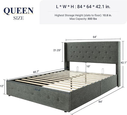 Allewie Queen Size Lift Up Storage Bed, Button Tufted Headboard with Wingback, Hydraulic Support, No Box Spring Needed, Dark Grey