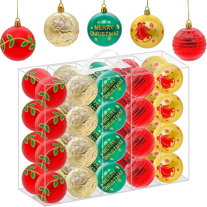 40PCS 2.36" Christmas Balls Ornaments, Plastic Christmas Tree Ornaments, Holiday Baubles, Hanging Decorations for Xmas Trees Holiday Party, Gold Red Green Baubles
